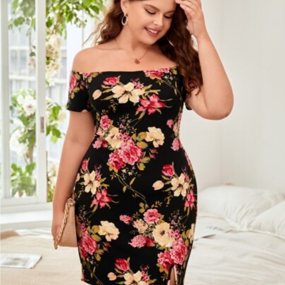 SHEIN Dresses & Skirts - Floral Chic Black Lace Mini Dress 1XL Plus Off The Shoulder Cocktail Night Out
